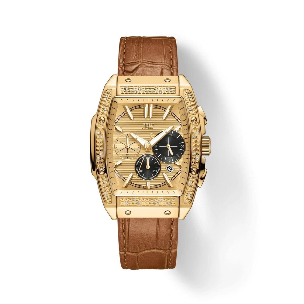 JBW Echelon Men's Chronograph Watch Gold Tone Brown Leather New Open Box